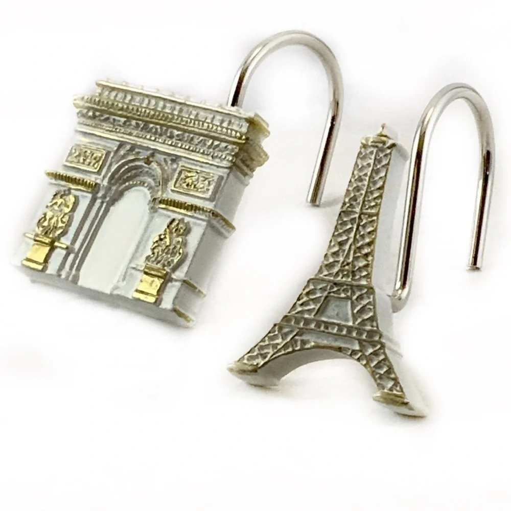 Paris Eiffel Tower Shower Hooks Arc de Triomphe French Resin White Gold 12 PC - Picture 7 of 16